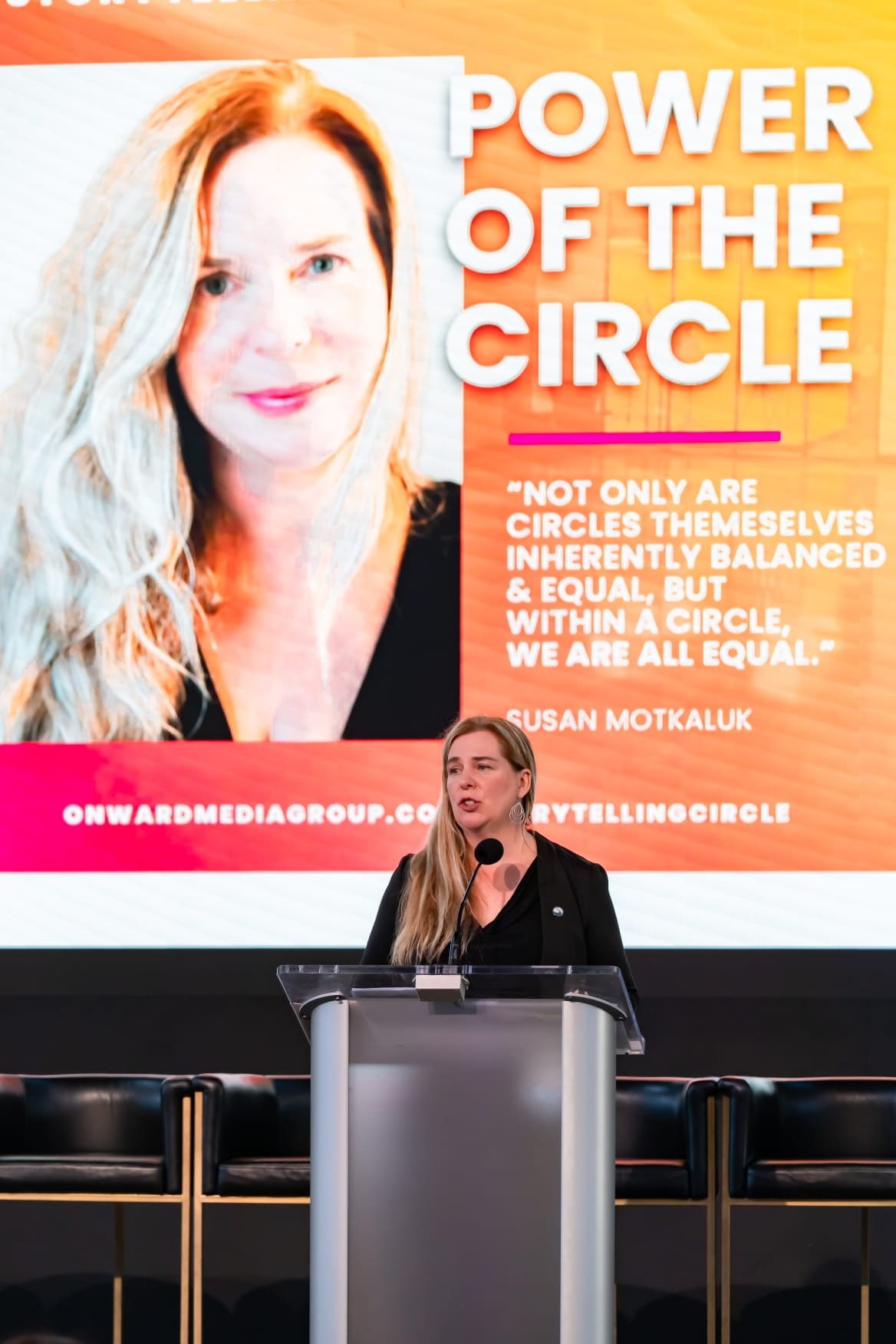 Susan Motkaluk presenting her Power of the Circle session, her quote on the screen behind her
